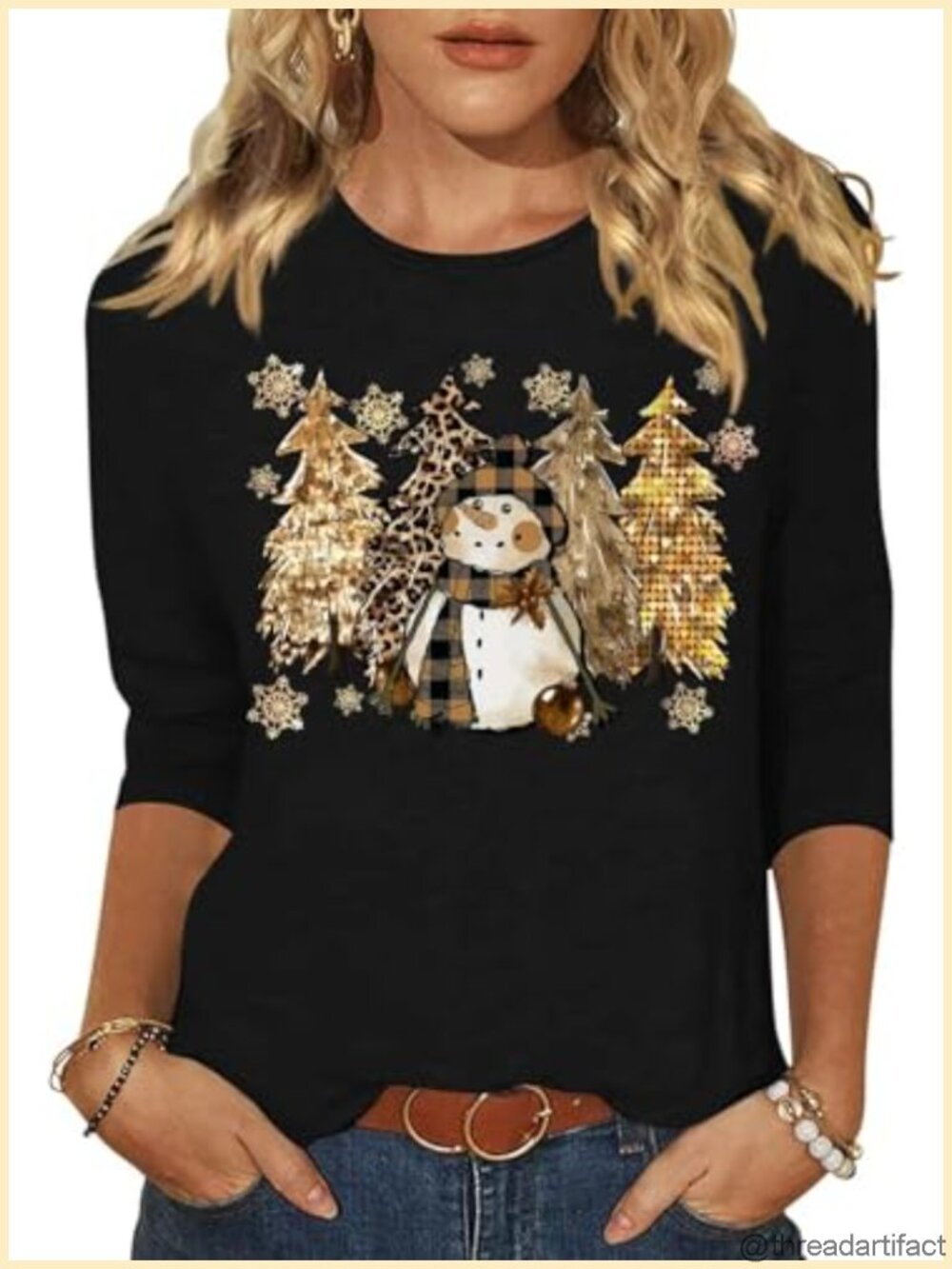 Womens 3/4 Sleeve Christmas Tree Graphic Tee Crew Neck Pullover